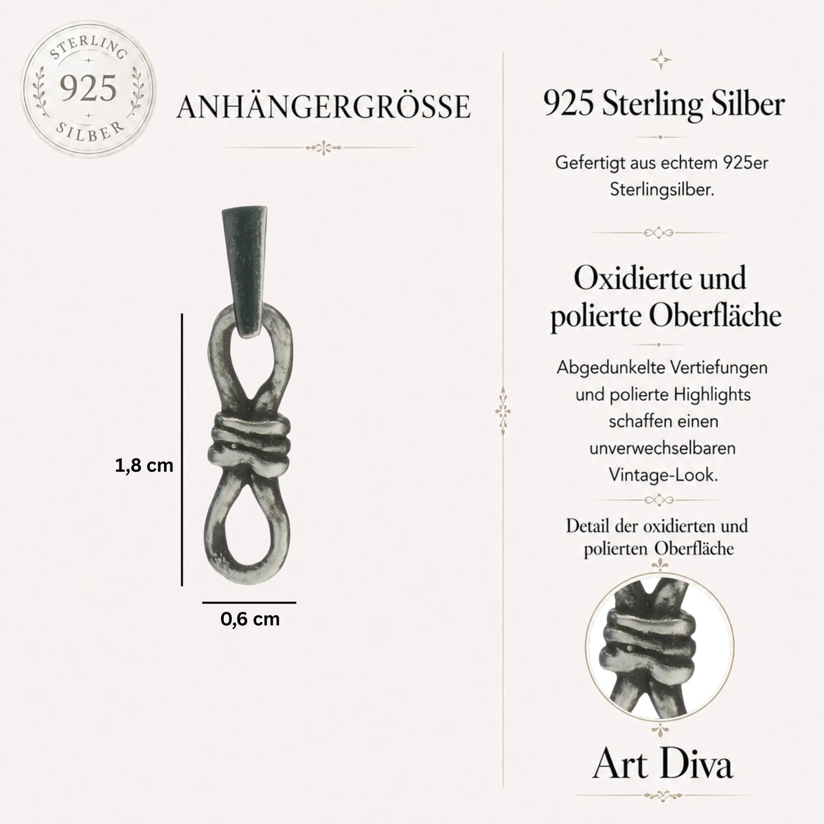 Schmuck aus 925er Silber – Knoten der unendlichen Liebe, handgefertigter Anhänger mit Ewigkeitssymbol für Armband oder Halskette, rustikaler Skulpturenschmuck | Art Diva