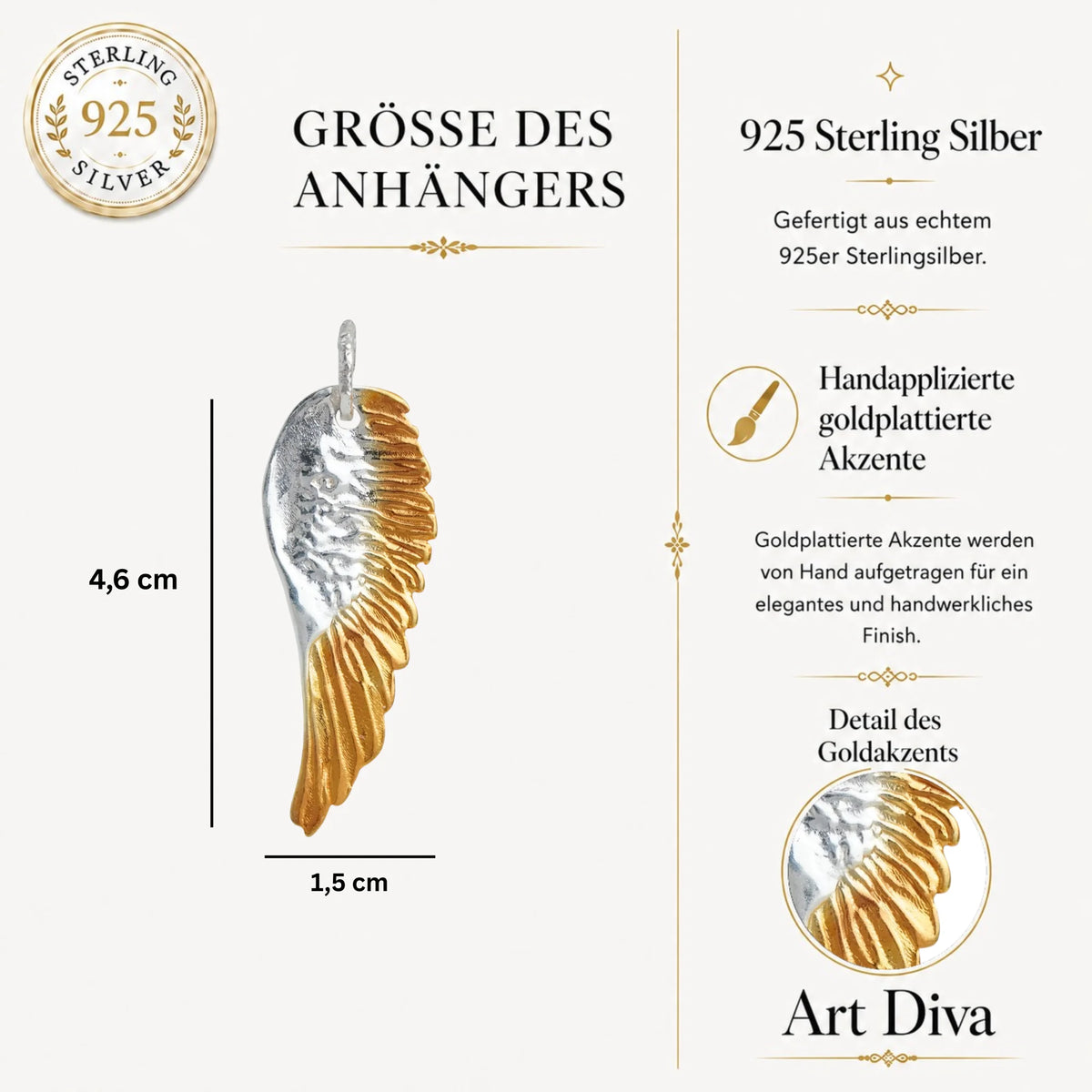925 Silber Anhänger Engelsflügel mit goldenen Akzenten | Art Diva