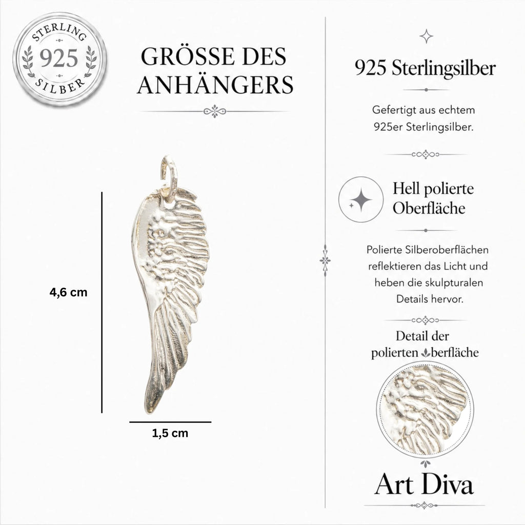 Engelsflügel-Anhänger aus 925er Silber – handgefertigter Skulpturenschmuck im Boho- und rustikalen Stil, Talisman für Schutz und spirituelle Kraft | Art Diva