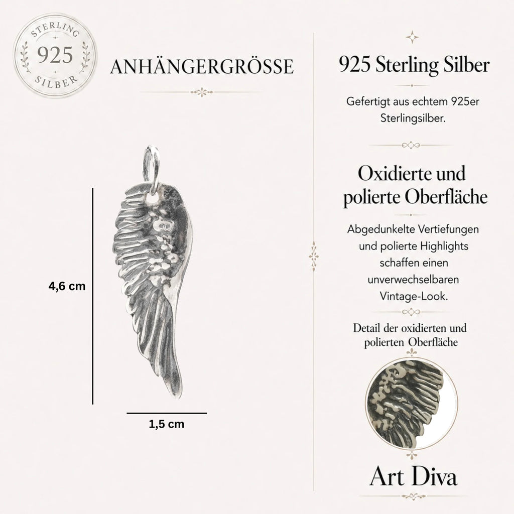 Anhänger aus 925er Silber mit Engelsflügel – Schutztalisman, handgefertigter Skulpturenschmuck im Boho-Stil, ideales Geschenk für Mutter, Tochter oder Freundin | Art Diva
