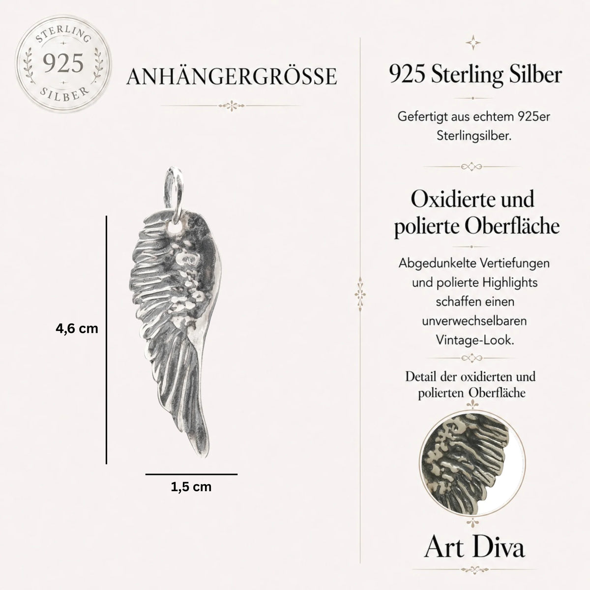 Anhänger aus 925er Silber mit Engelsflügel – Schutztalisman, handgefertigter Skulpturenschmuck im Boho-Stil, ideales Geschenk für Mutter, Tochter oder Freundin | Art Diva
