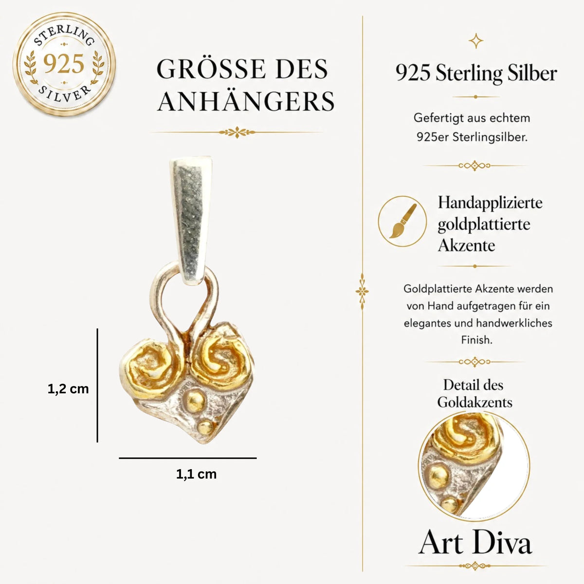 Liebestalisman – handgefertigter Herzanhänger aus 925er Silber mit goldfarbenen Akzenten im Boho- und rustikalen Stil | Art Diva