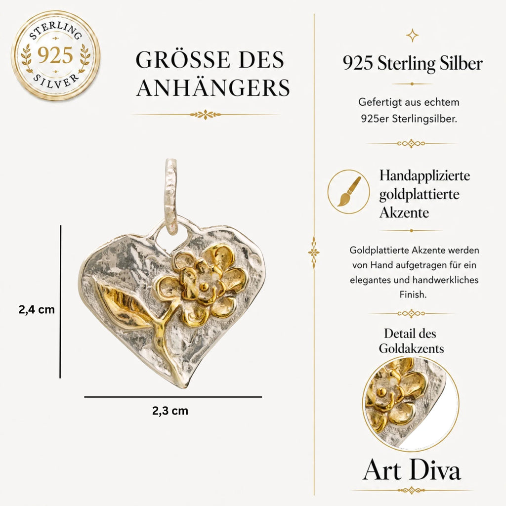 Talisman für Liebe und Geborgenheit – handgefertigter Herzanhänger aus 925er Silber mit Blume und goldfarbenen Akzenten im Boho- und rustikalen Stil | Art Diva