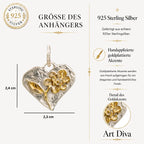 Talisman für Liebe und Geborgenheit – handgefertigter Herzanhänger aus 925er Silber mit Blume und goldfarbenen Akzenten im Boho- und rustikalen Stil | Art Diva