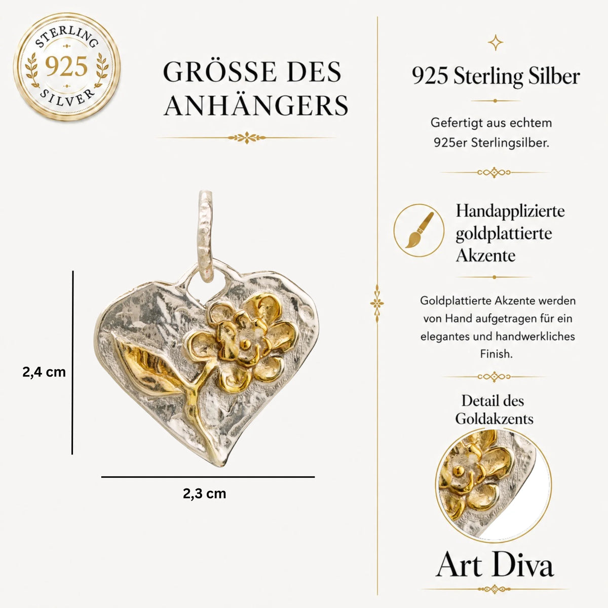 Talisman für Liebe und Geborgenheit – handgefertigter Herzanhänger aus 925er Silber mit Blume und goldfarbenen Akzenten im Boho- und rustikalen Stil | Art Diva