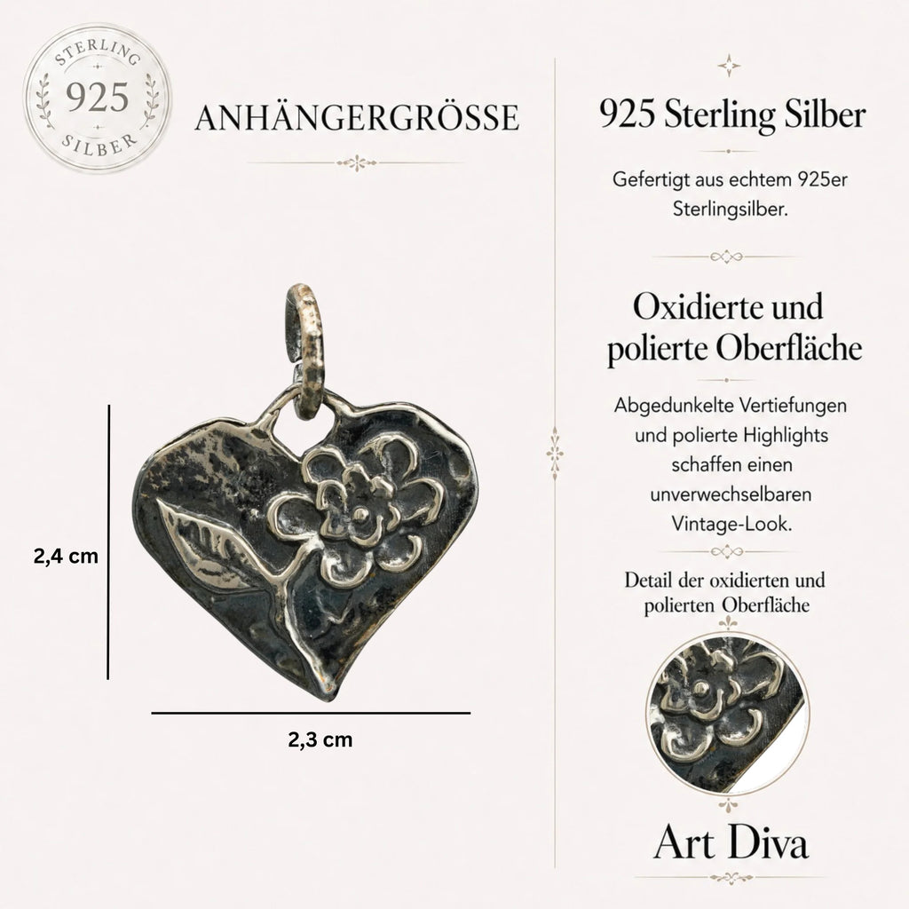 Herzanhänger mit Blume aus 925er Silber – handgefertigter Liebestalisman und Skulpturenschmuck im Boho-Stil, ideales Geschenk für Mutter, Tochter oder Freundin | Art Diva