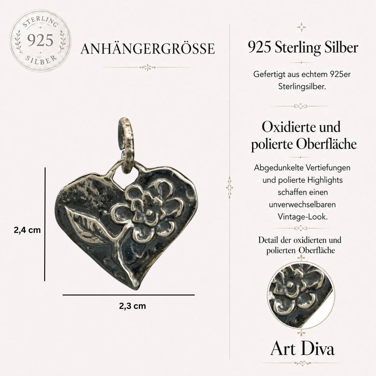 Herzanhänger mit Blume aus 925er Silber – handgefertigter Liebestalisman und Skulpturenschmuck im Boho-Stil, ideales Geschenk für Mutter, Tochter oder Freundin | Art Diva
