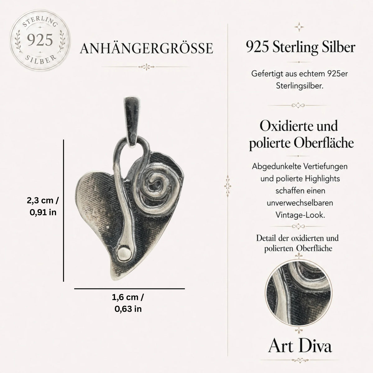 „Herz und Spirale“ – Anhänger aus 925er Silber, Talisman für Liebe und einen Neuanfang, Skulpturenschmuck im Boho- und rustikalen Stil | Art Diva
