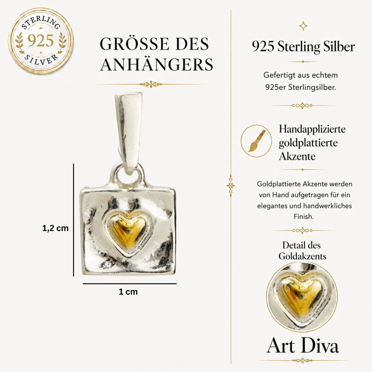 „Herz im Quadrat“ – Anhänger aus 925er Silber mit goldfarbenen Akzenten, Skulpturenschmuck im Boho- und rustikalen Stil | Art Diva
