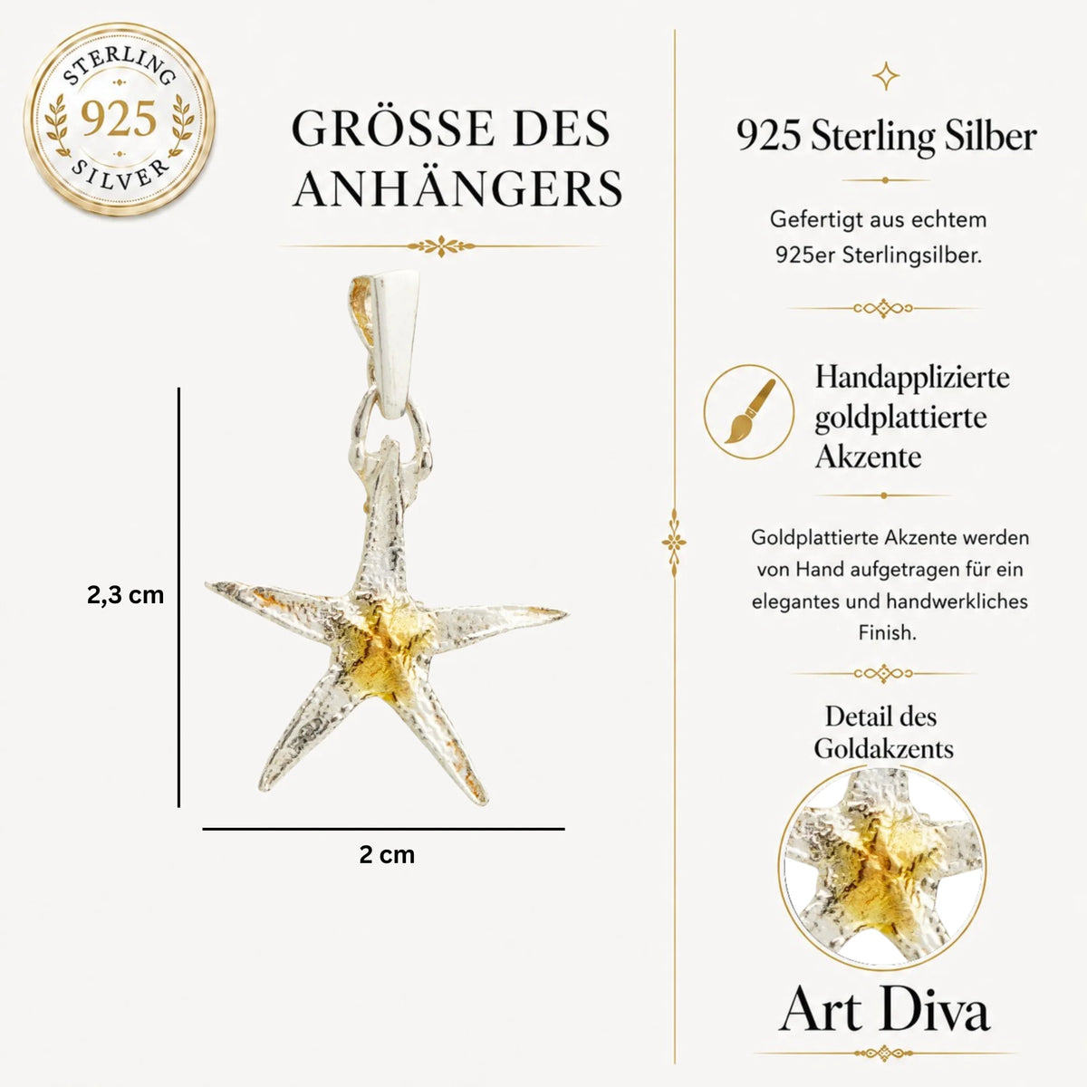 „Seestern“ – Anhänger aus 925er Silber mit goldfarbenen Akzenten, Talisman für Glück und Gelassenheit, Skulpturenschmuck im Boho- und rustikalen Stil | Art Diva