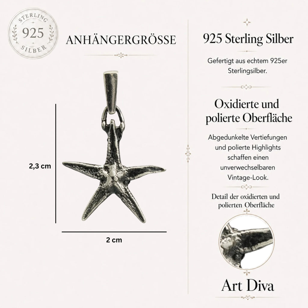 „Seestern“ – oxidierter Anhänger aus 925er Silber, Talisman für Glück und Gelassenheit, Skulpturenschmuck im Boho- und rustikalen Stil | Art Diva