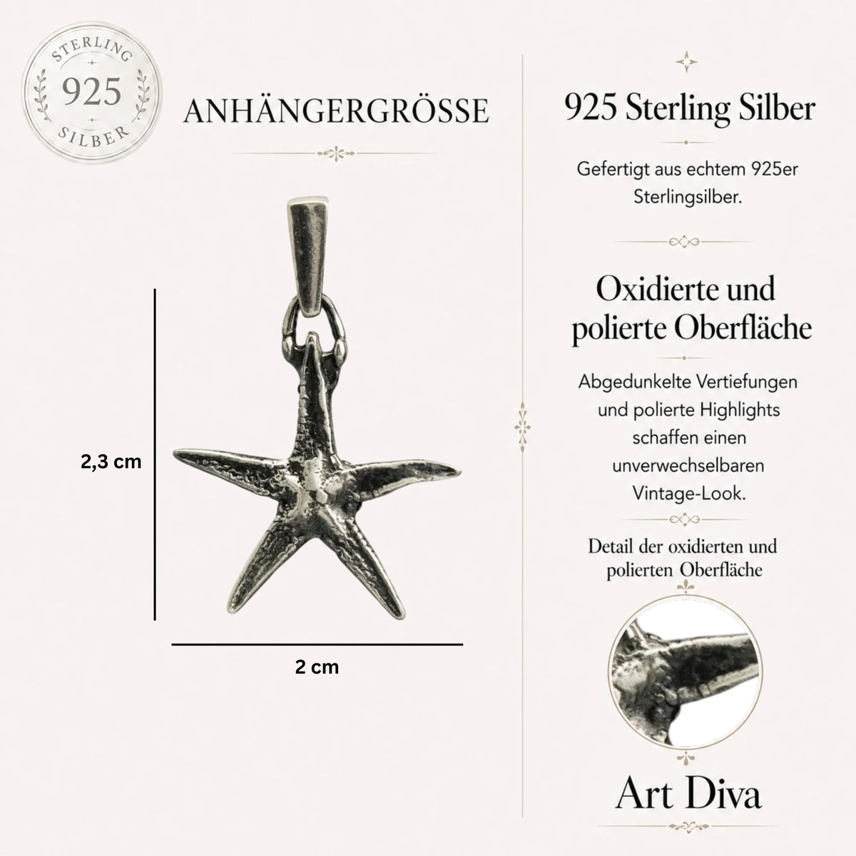 „Seestern“ – oxidierter Anhänger aus 925er Silber, Talisman für Glück und Gelassenheit, Skulpturenschmuck im Boho- und rustikalen Stil | Art Diva