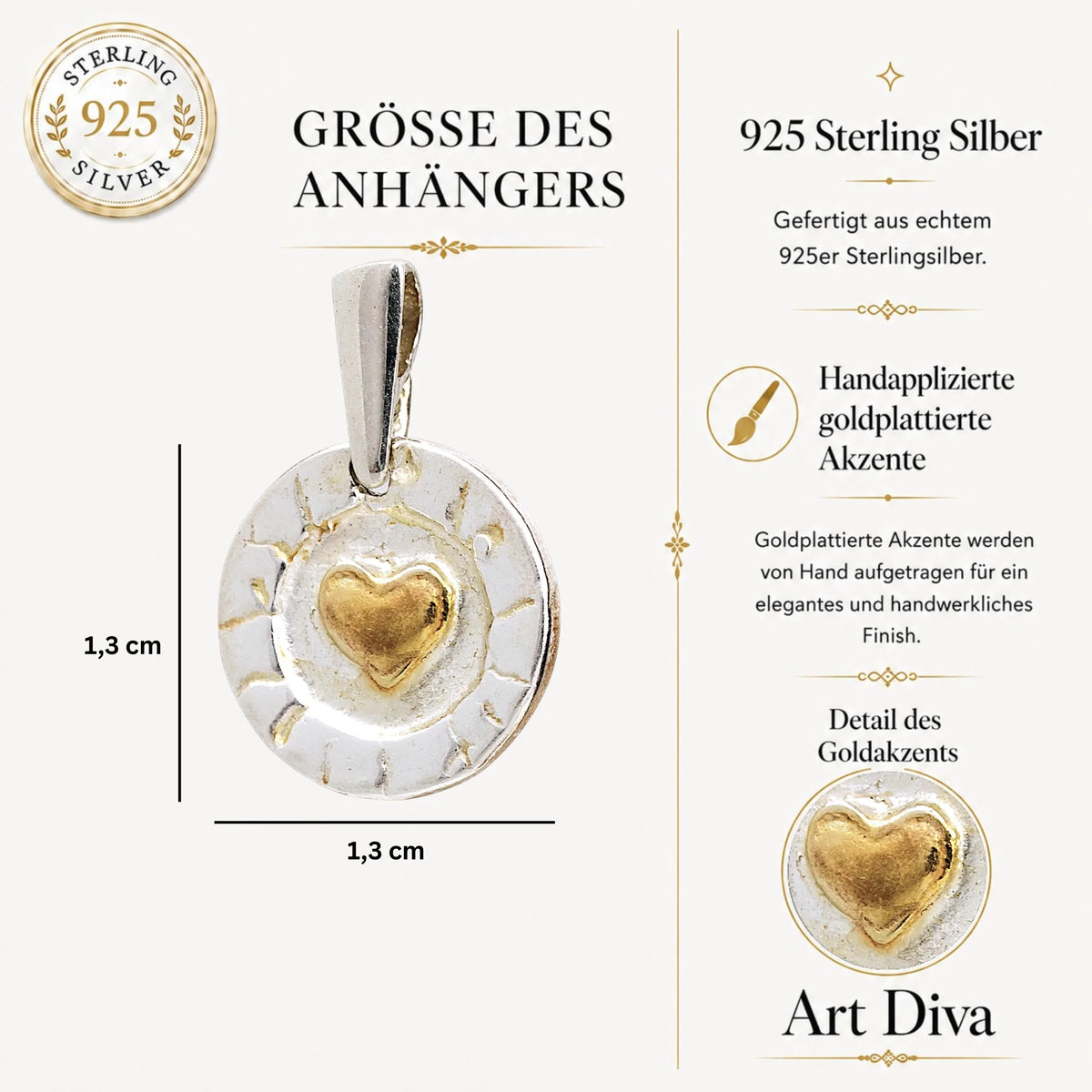 „Goldenes Herz im Kreis“ – handgefertigter Anhänger aus 925er Silber, Talisman für Liebe und Wärme, Schmuck im Boho- und rustikalen Stil | Art Diva