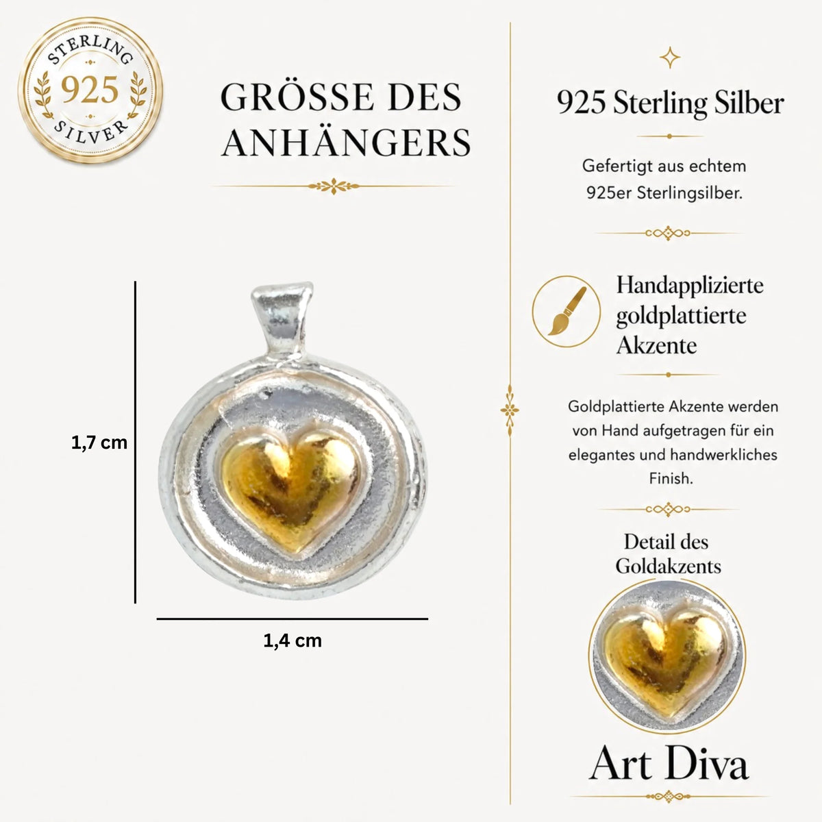 „Goldenes Herz“ – Anhänger aus 925er Silber mit goldfarbenen Akzenten, Symbol für Liebe, Zärtlichkeit und Geborgenheit, Skulpturenschmuck im Boho- und rustikalen Stil | Art Diva