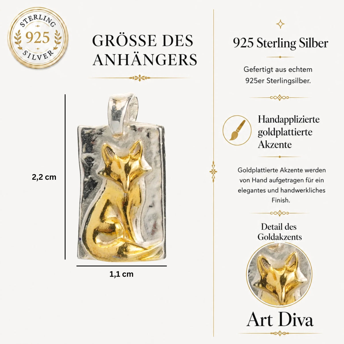 „Fuchs“ – handgefertigter Anhänger aus 925er Silber mit goldfarbenen Akzenten, Symbol für Intuition und Anmut, skulpturales Schmuckstück | Art Diva