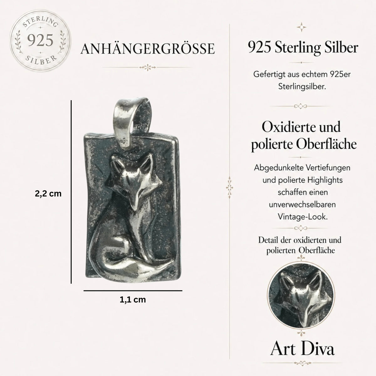 „Fuchs“ – oxidierter, handgefertigter Anhänger aus 925er Silber, Skulpturenschmuck im Boho- und rustikalen Stil | Art Diva