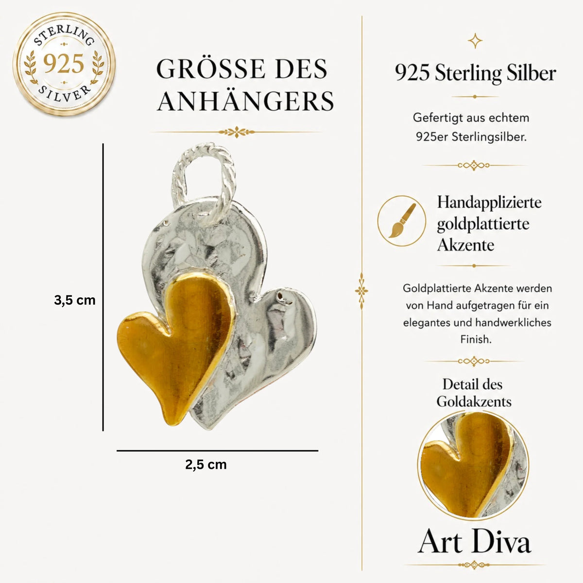 Doppelherz – Anhänger aus 925er Silber mit Goldakzenten | Symbol für Verbundenheit | Art Diva