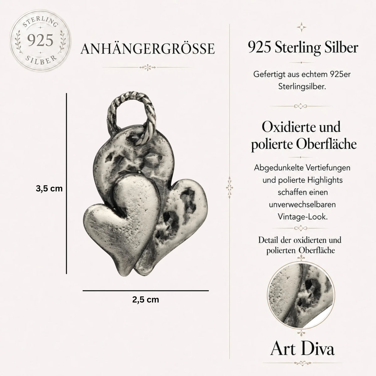 „Doppelherz“ – Anhänger aus 925er Silber, Skulpturenschmuck im Boho- und rustikalen Stil | Art Diva