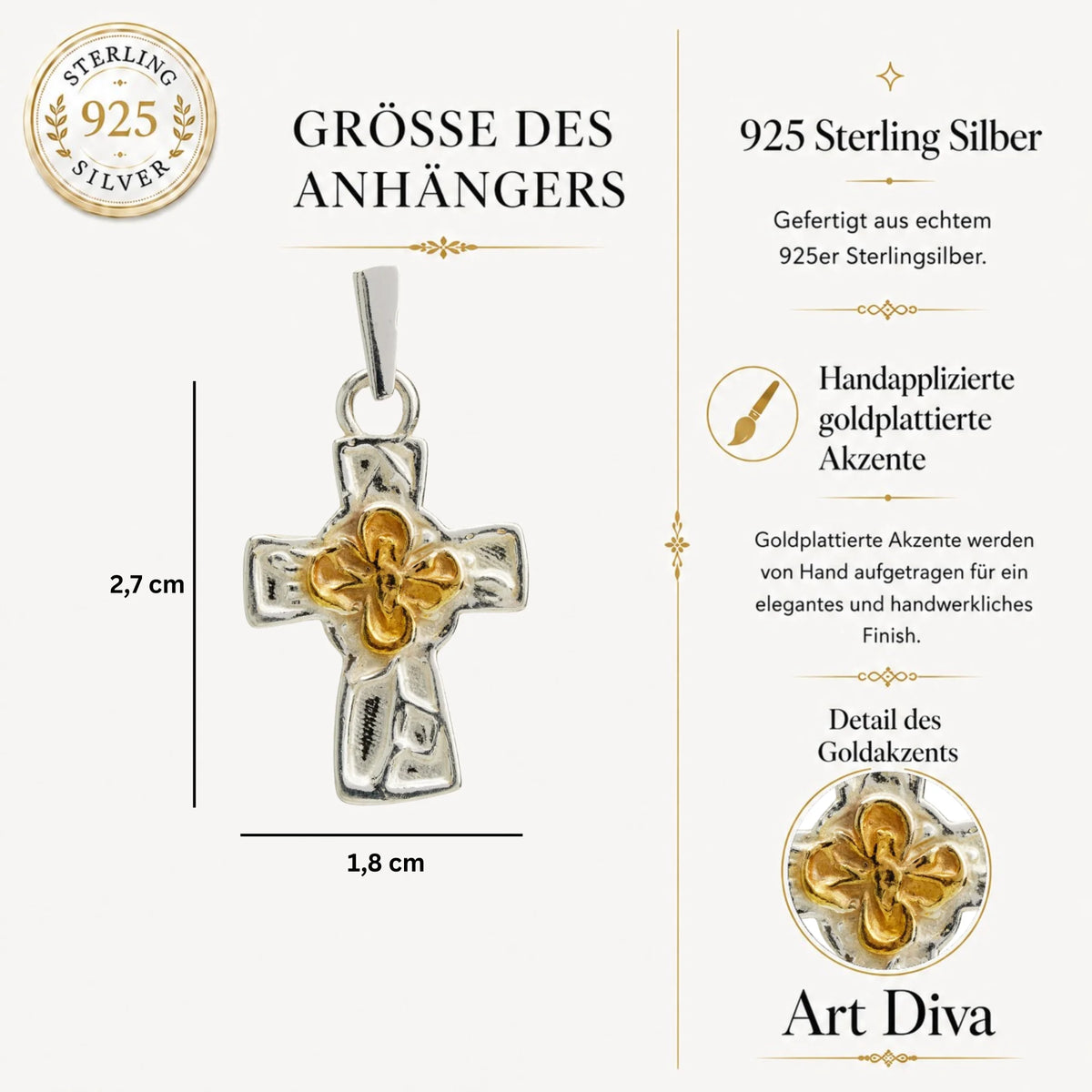 „Kreuz mit Blume“-Anhänger aus 925er Silber mit goldfarbenen Akzenten – Symbol für Glauben, spirituelle Stärke, inneren Frieden und Schutz, Skulpturenschmuck im Boho- und rustikalen Stil | Art Diva