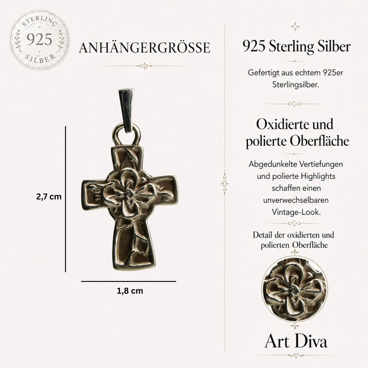 „Kreuz mit Blume“ – handgefertigter Anhänger aus 925er Silber, Talisman für Glauben und Hoffnung, Skulpturenschmuck im Boho- und rustikalen Stil | Art Diva