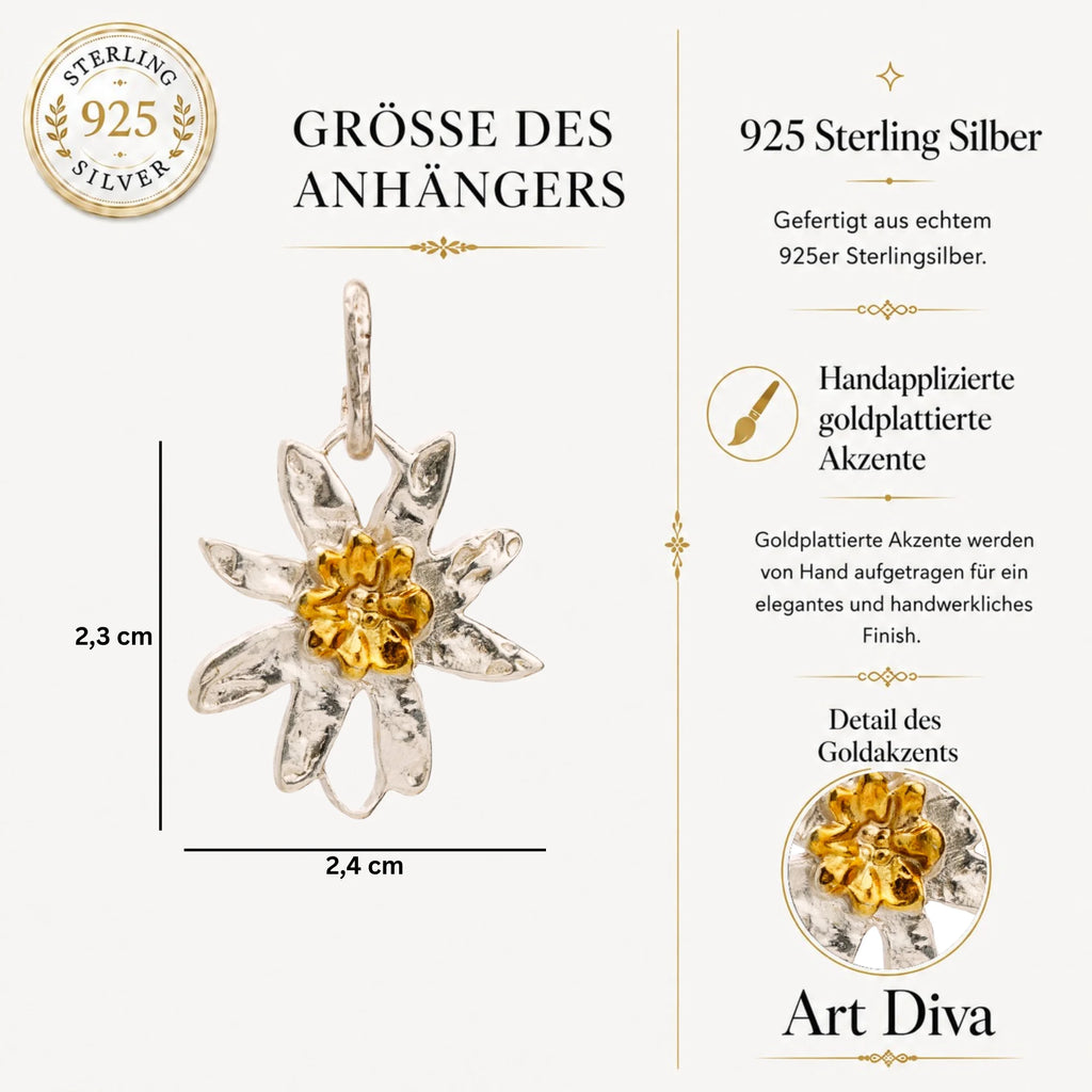 925er Silberelement „Edelweißblüte“ mit goldenen Akzenten – handgefertigter Boho-Talisman für Harmonie, skulpturales Schmuckstück und Geschenk für Mutter, Tochter oder Freundin | Art Diva