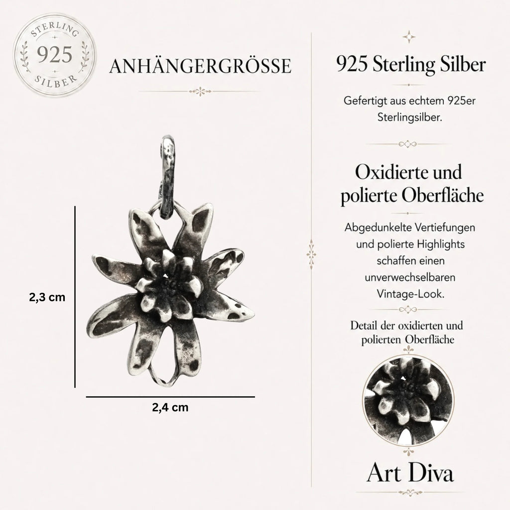 925er Silberelement „Edelweißblüte“ – handgefertigter Boho-Talisman für Harmonie, skulpturales Schmuckstück und Geschenk für Mutter, Tochter oder Freundin | Art Diva