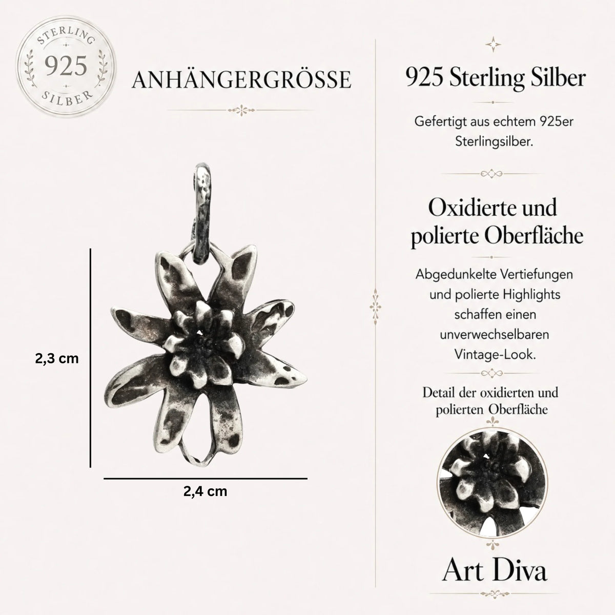 925er Silberelement „Edelweißblüte“ – handgefertigter Boho-Talisman für Harmonie, skulpturales Schmuckstück und Geschenk für Mutter, Tochter oder Freundin | Art Diva