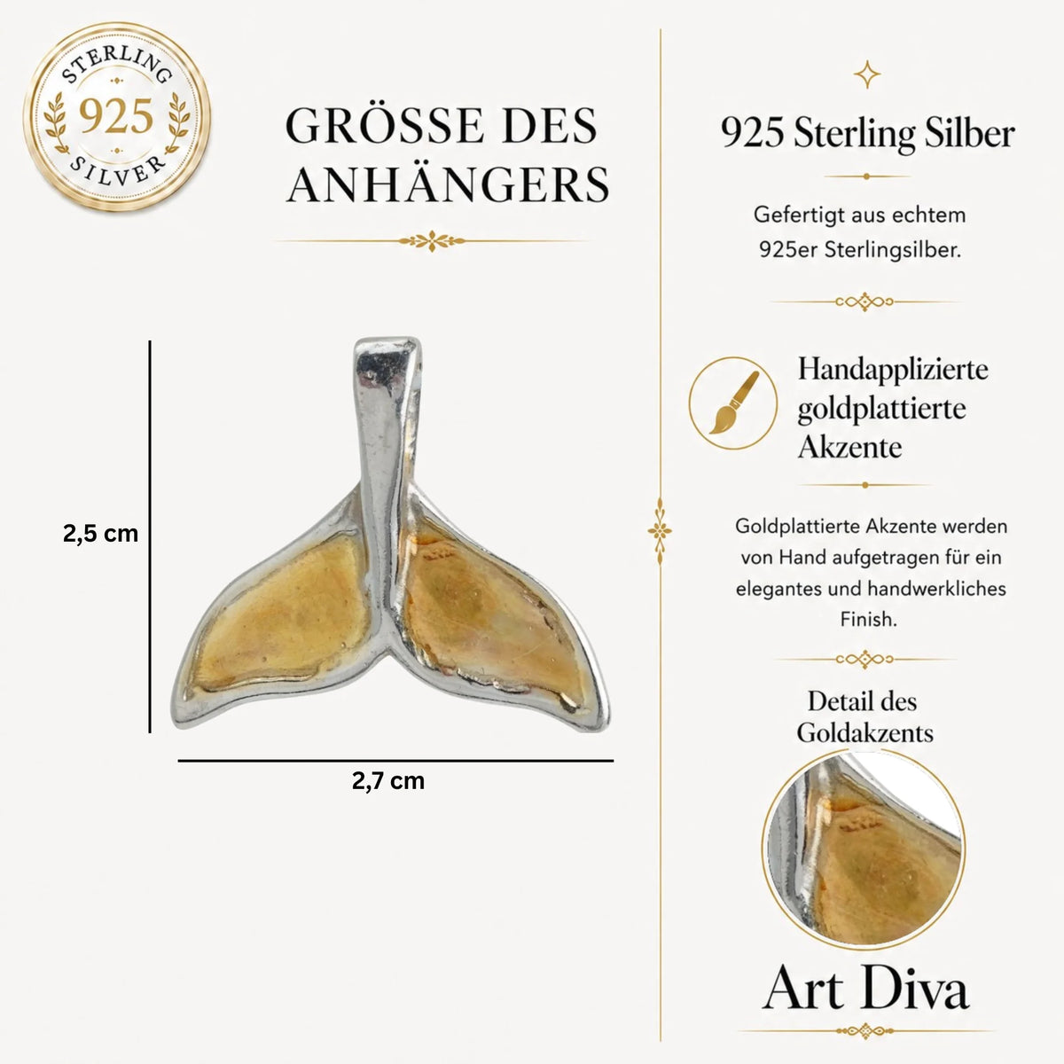 „Walflosse“ – handgefertigter Anhänger aus 925er Silber mit goldfarbenen Akzenten, Symbol für Stärke, Freiheit und den Geist des Ozeans | Art Diva