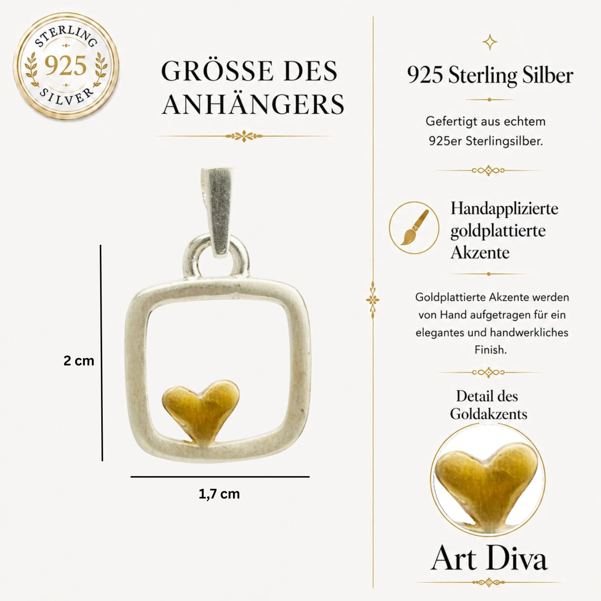 „Herz im Quadrat“ – handgefertigter Anhänger aus 925er Silber mit goldfarbenen Akzenten, Talisman für Liebe und Ausgeglichenheit, Skulpturenschmuck im Boho- und rustikalen Stil | Art Diva