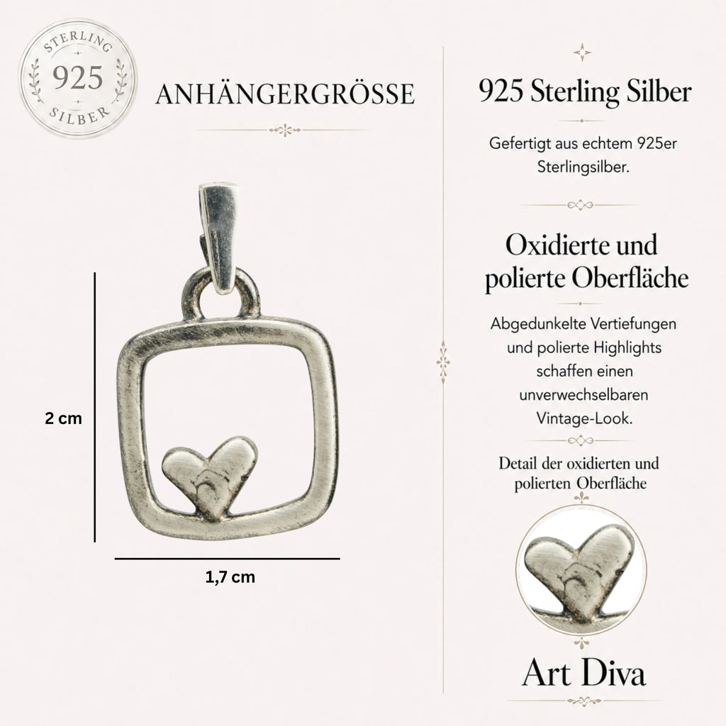 Herz-im-Quadrat-Anhänger aus 925er Silber – teilweise oxidiert im Vintage-Stil, handgefertigter Talisman für Liebe und Ausgeglichenheit, Skulpturenschmuck im Boho- und rustikalen Stil | Art Diva