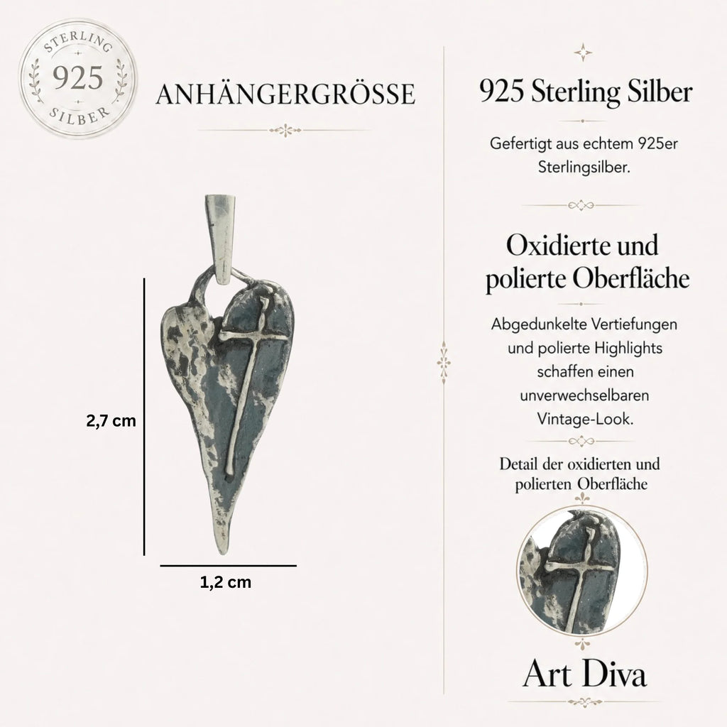 925er Silberanhänger „Längliches Herz mit Kreuz“ – handgefertigter Boho-Talisman für den Glauben an die Liebe, skulpturales Schmuckstück und Geschenk für Mutter, Tochter oder Freundin | Art Diva
