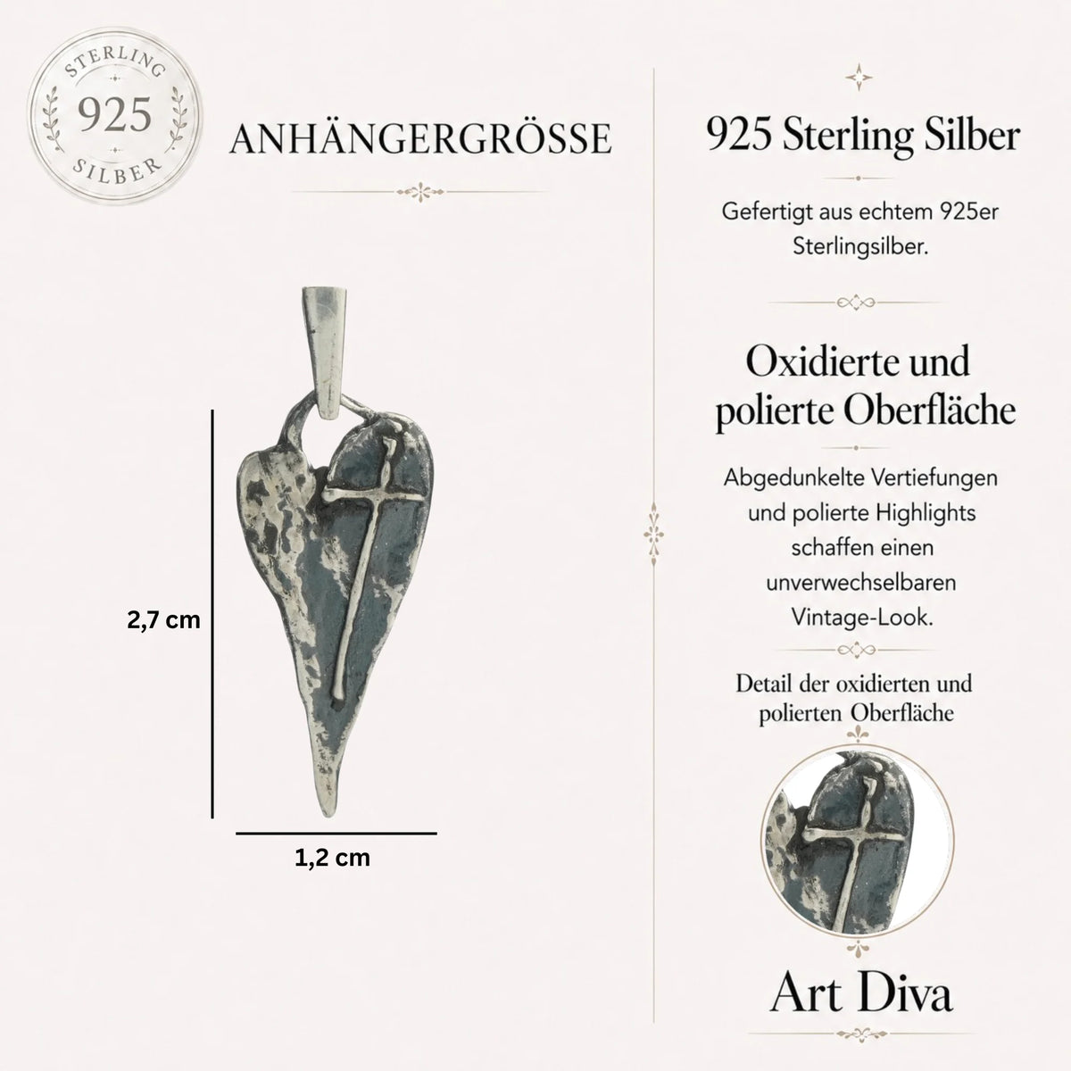 925er Silberanhänger „Längliches Herz mit Kreuz“ – handgefertigter Boho-Talisman für den Glauben an die Liebe, skulpturales Schmuckstück und Geschenk für Mutter, Tochter oder Freundin | Art Diva