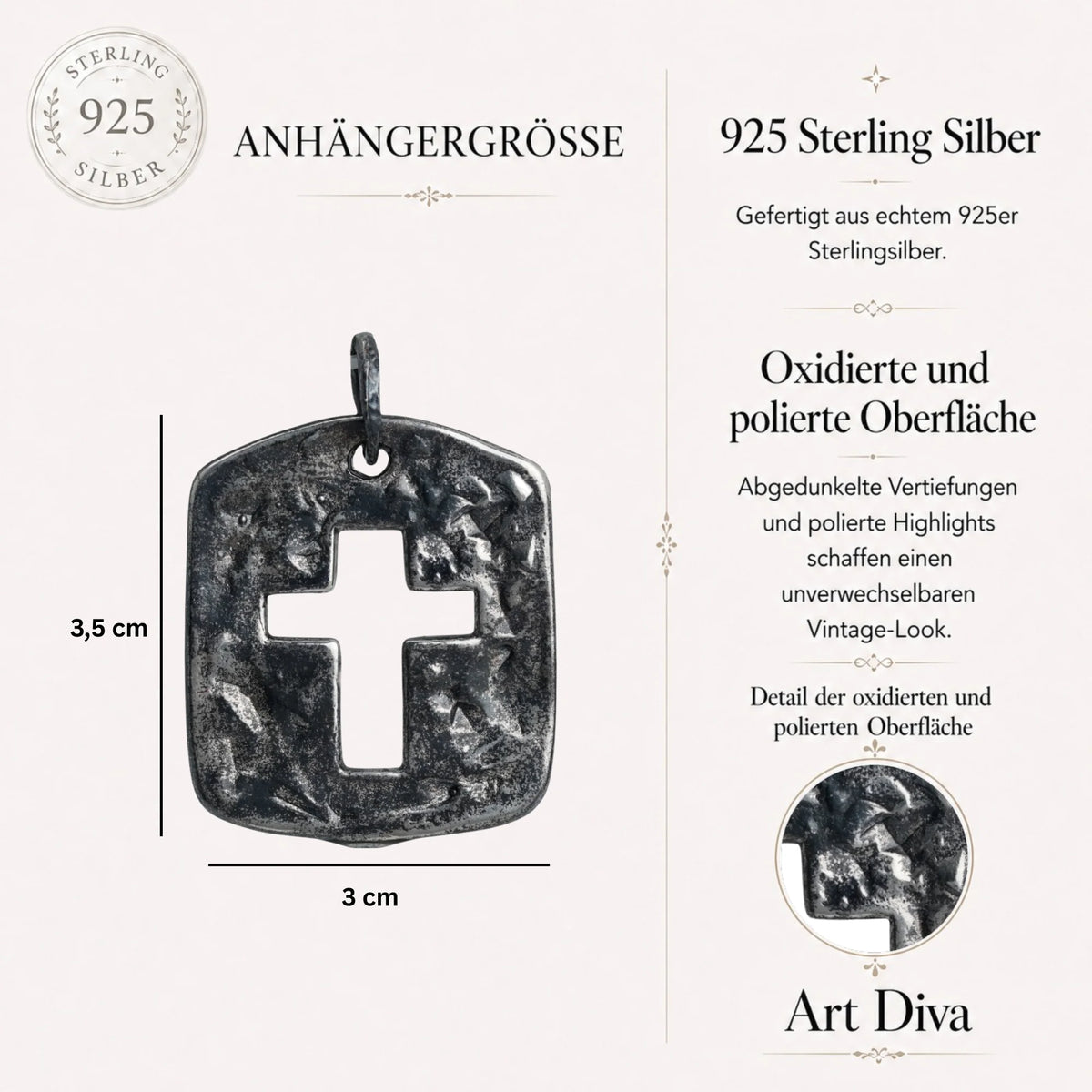 Großer massiver Herren-Kreuzanhänger aus 925er Silber mit strukturierter Oberfläche – teilweise oxidiert im Vintage-Stil | Art Diva
