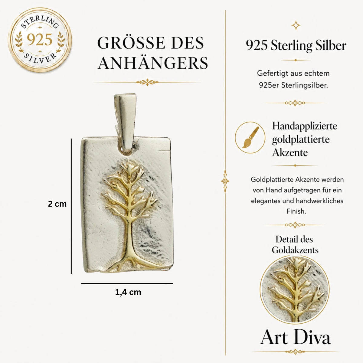„Baum des Lebens“ – Anhänger aus 925er Silber mit goldfarbenen Akzenten, Talisman für familiäre Verbundenheit, Schutz und Harmonie, Skulpturenschmuck im Boho- und rustikalen Stil | Art Diva