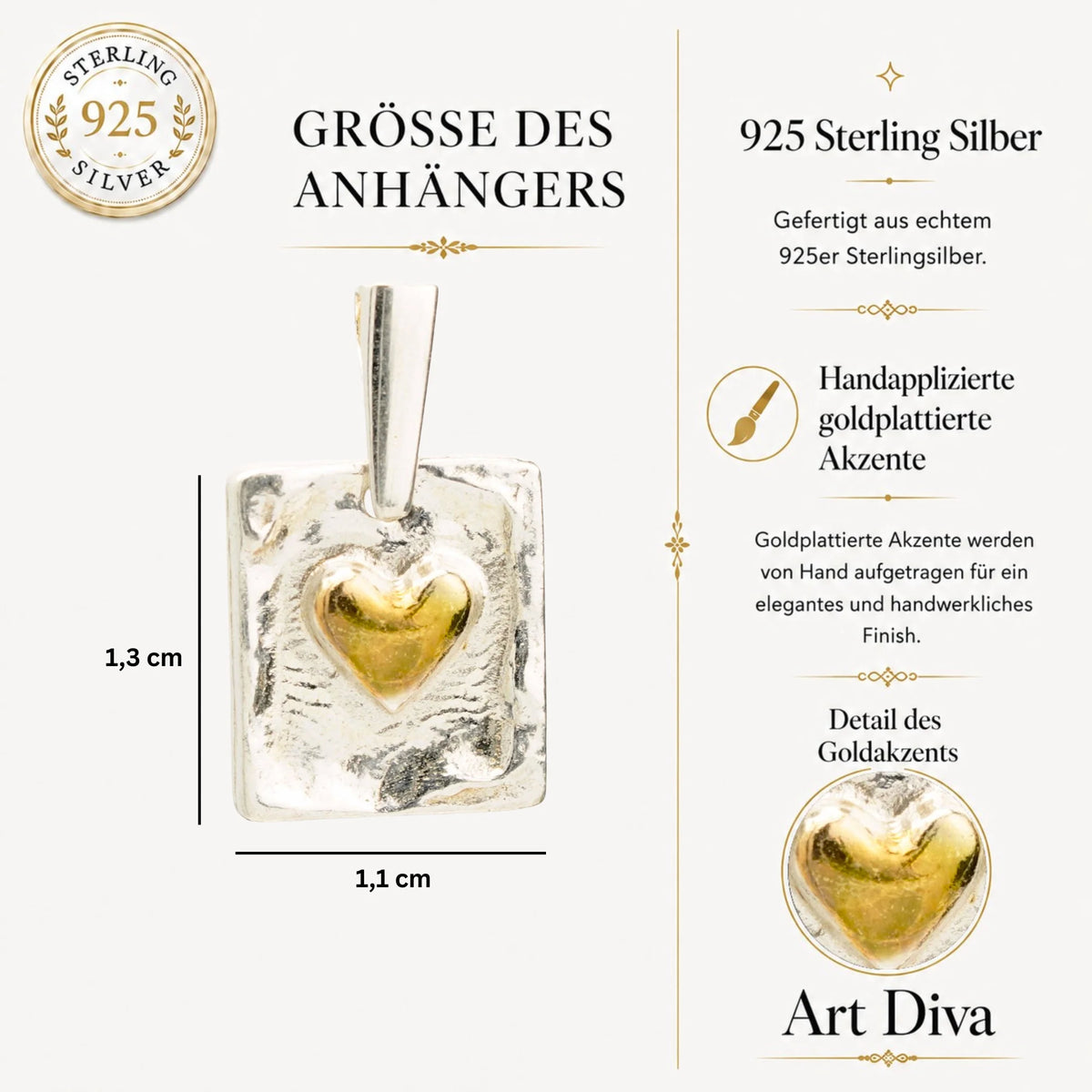 „Goldenes Herz“ – handgefertigter Anhänger aus 925er Silber, Talisman für Liebe, Skulpturenschmuck im Boho- und rustikalen Stil | Art Diva