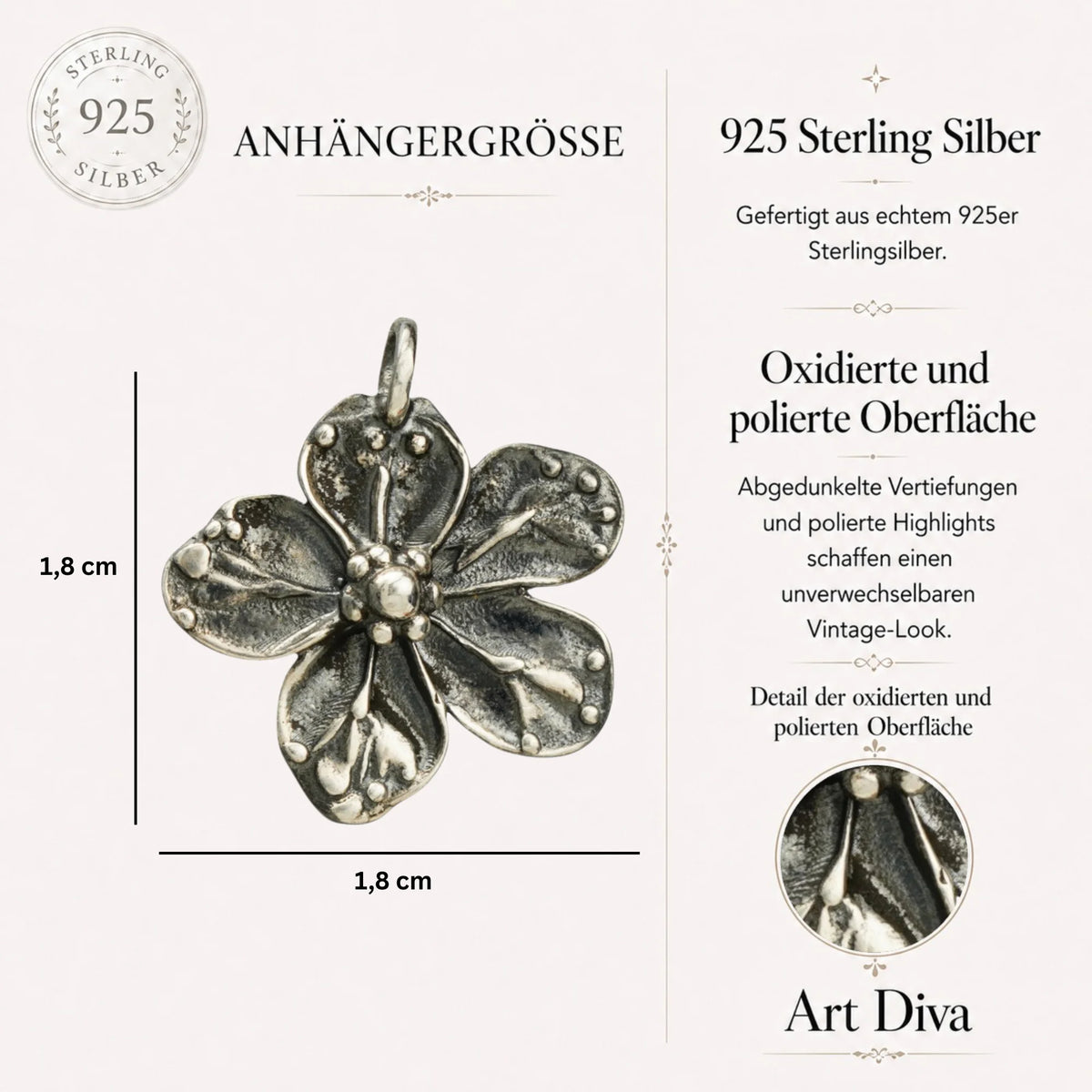 „Sauerkirschblüte“ – handgefertigter Anhänger aus 925er Silber, Talisman für Liebe, einen Neuanfang und Harmonie, Skulpturenschmuck im Boho- und rustikalen Stil | Art Diva