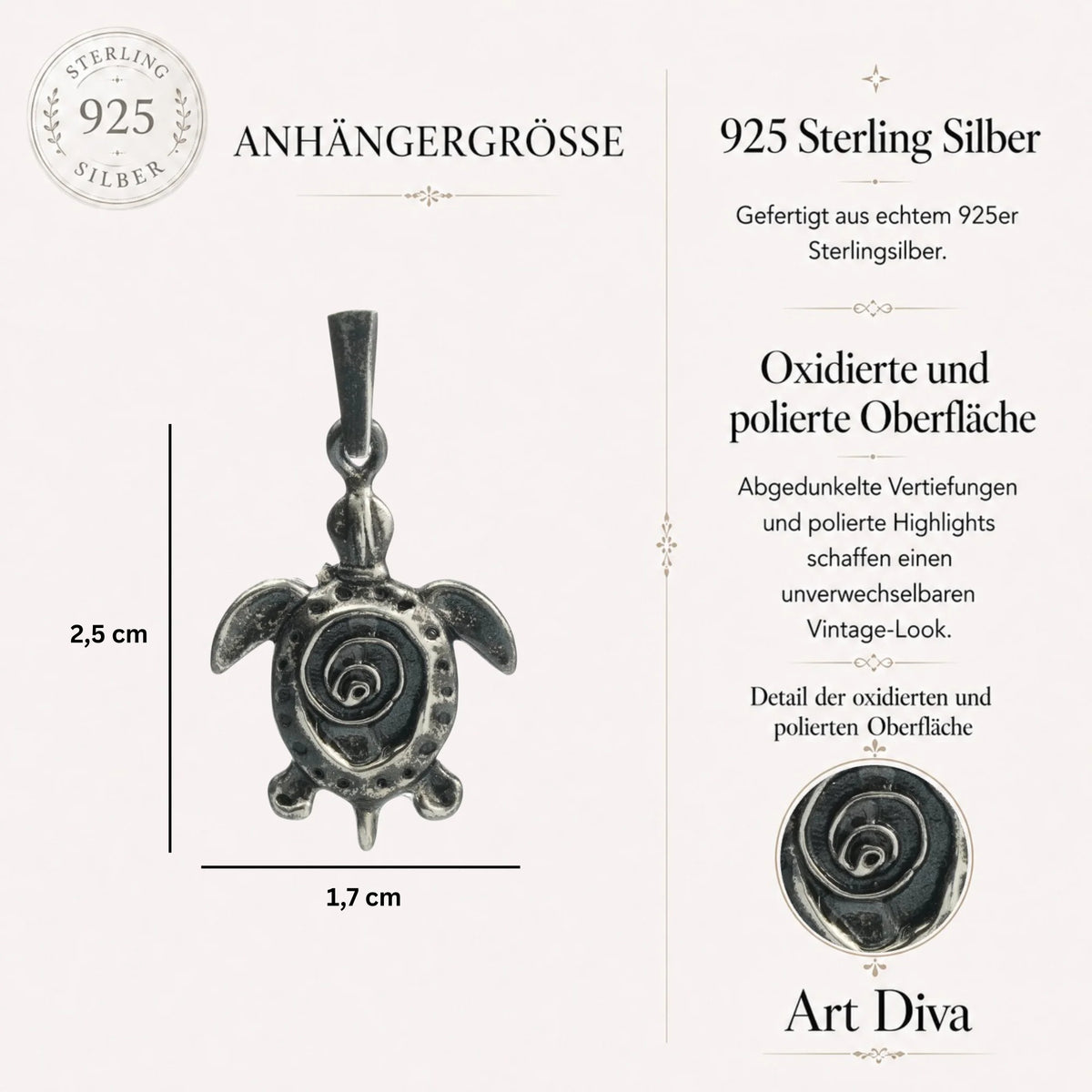 „Schildkröte“ – handgefertigter Anhänger aus 925er Silber, Symbol für Langlebigkeit, Weisheit und Schutz, Talisman im Boho- und rustikalen Stil | Art Diva