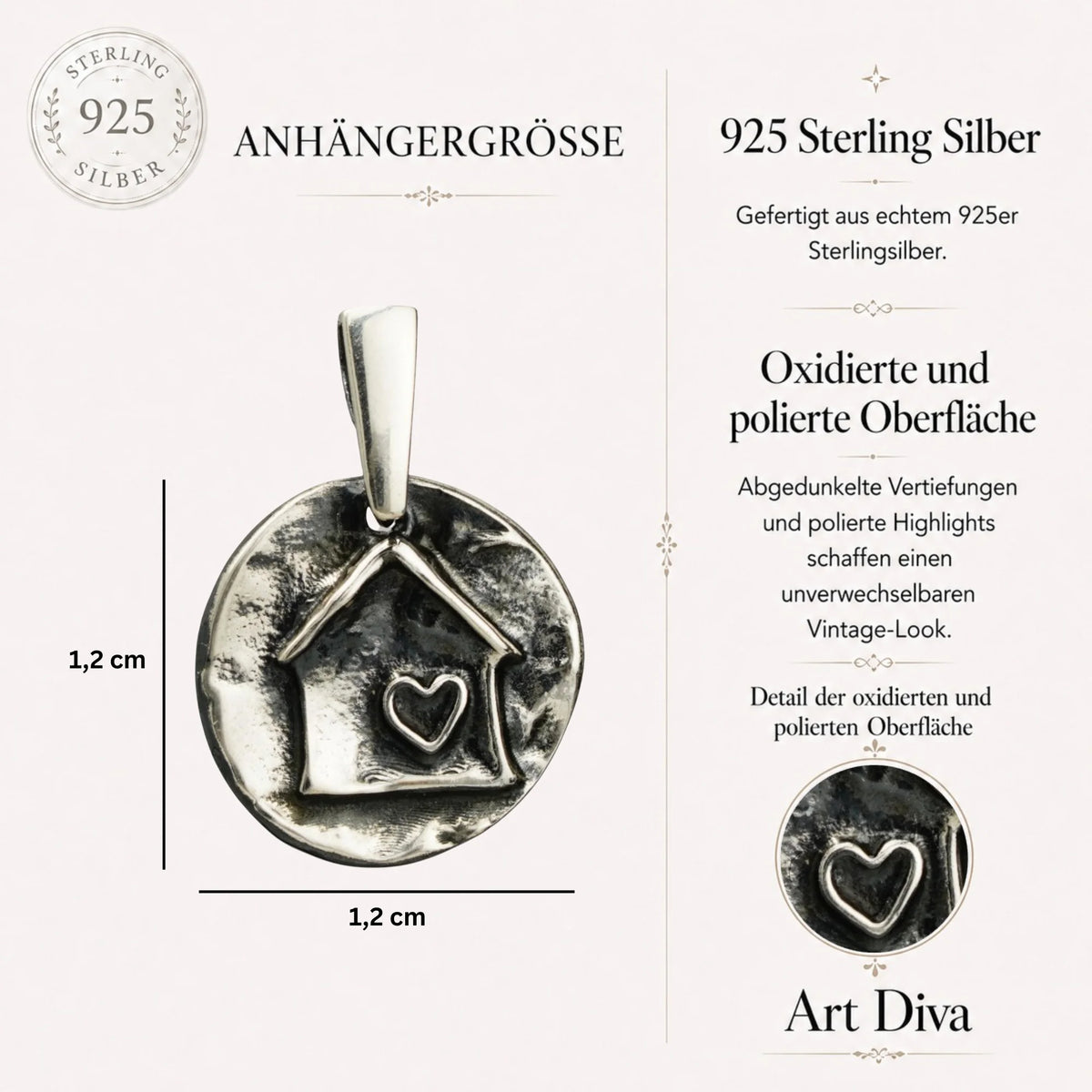 „Zuhause ist alles“ – handgefertigter Haus-Anhänger mit Herz aus Silber, Symbol für familiäre Geborgenheit und Liebe | Art Diva