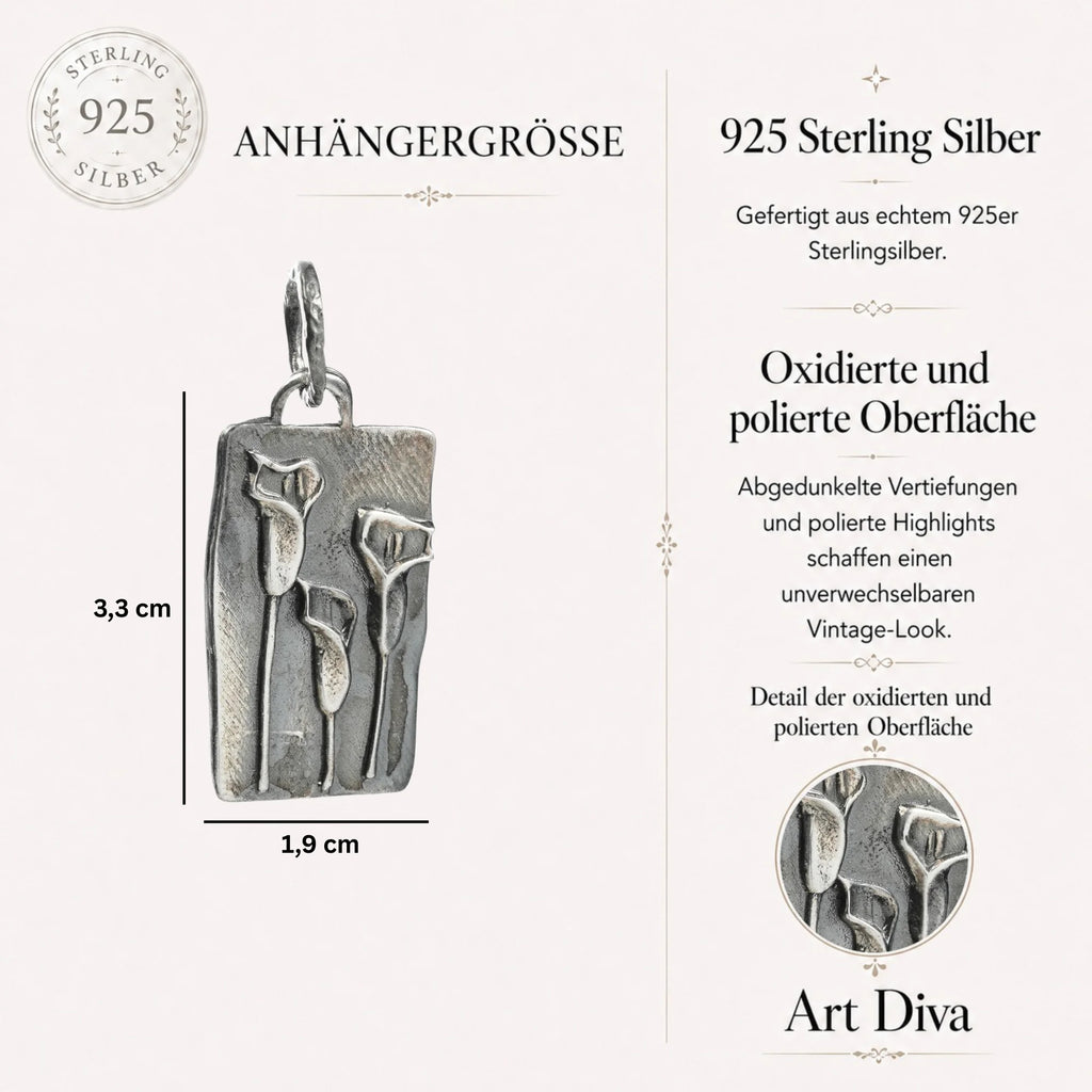 925er Silberanhänger „Drei Calla-Blüten“ – Symbol für Weiblichkeit, Schönheit und Harmonie | Talisman für Freundschaft und Verbundenheit | Art Diva