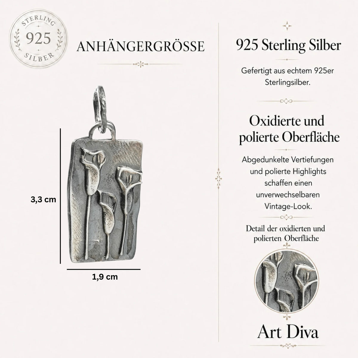 925er Silberanhänger „Drei Calla-Blüten“ – Symbol für Weiblichkeit, Schönheit und Harmonie | Talisman für Freundschaft und Verbundenheit | Art Diva