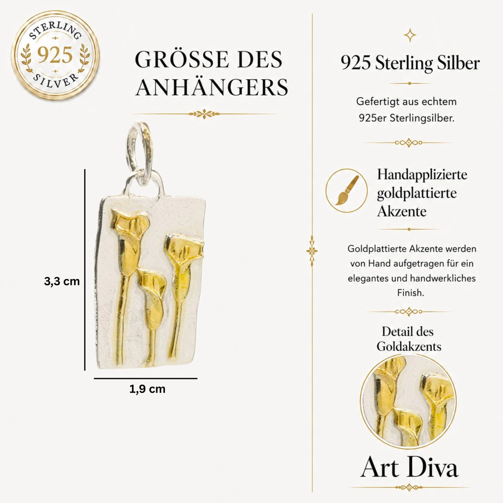 925er Silberanhänger „Drei Calla-Blüten mit goldenen Akzenten“ | Boho – Rustikal – Skulpturaler Schmuck | Handgefertigt | Art Diva