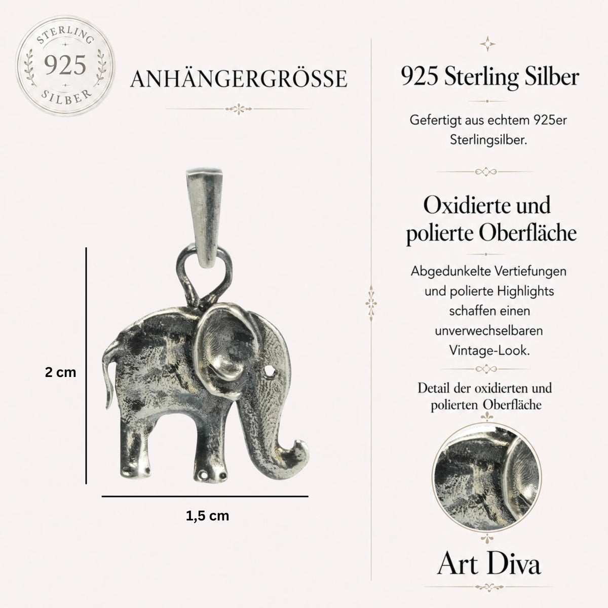 „Kleiner Elefant“-Anhänger aus 925er Silber – Talisman für Glück, Weisheit und Schutz, oxidierter Skulpturenschmuck im Boho- und rustikalen Stil | Art Diva