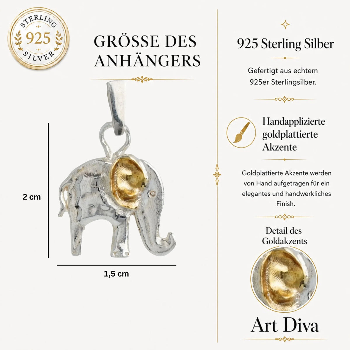 „Kleiner Elefant“-Anhänger aus 925er Silber mit goldfarbenen Akzenten – Symbol für Glück, Weisheit und Schutz, Skulpturenschmuck im Boho- und rustikalen Stil | Art Diva