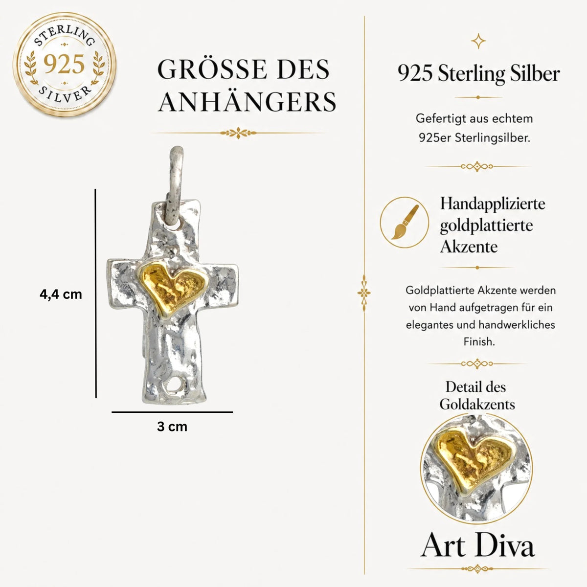 925er Silberanhänger „Kreuz mit Herz“ und goldenen Akzenten – handgefertigter Talisman für Glaube und Liebe im Boho- und rustikalen Stil | Art Diva