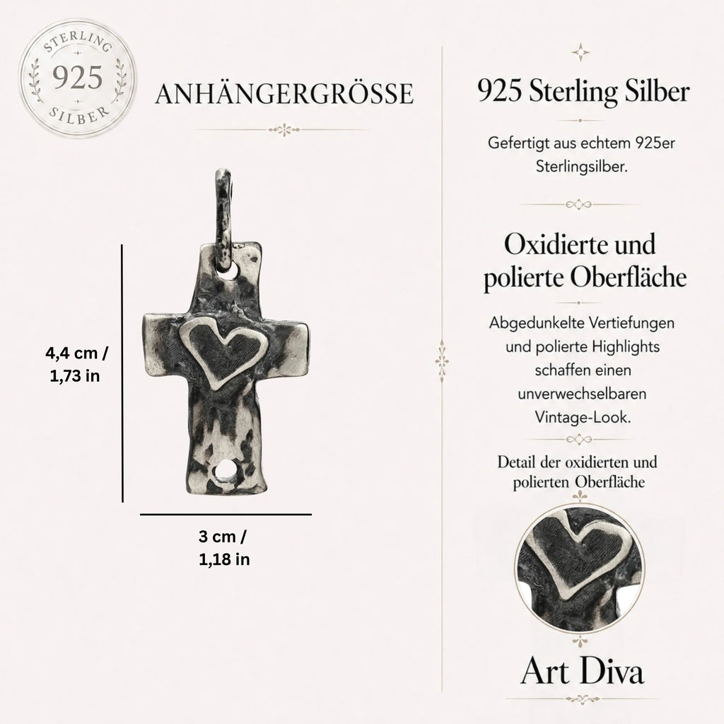 925er Silberanhänger „Kreuz mit Herz“ – handgefertigter Boho-Talisman für Glaube und Liebe, skulpturales Schmuckstück und Geschenk für Mutter, Tochter oder Freundin | Art Diva