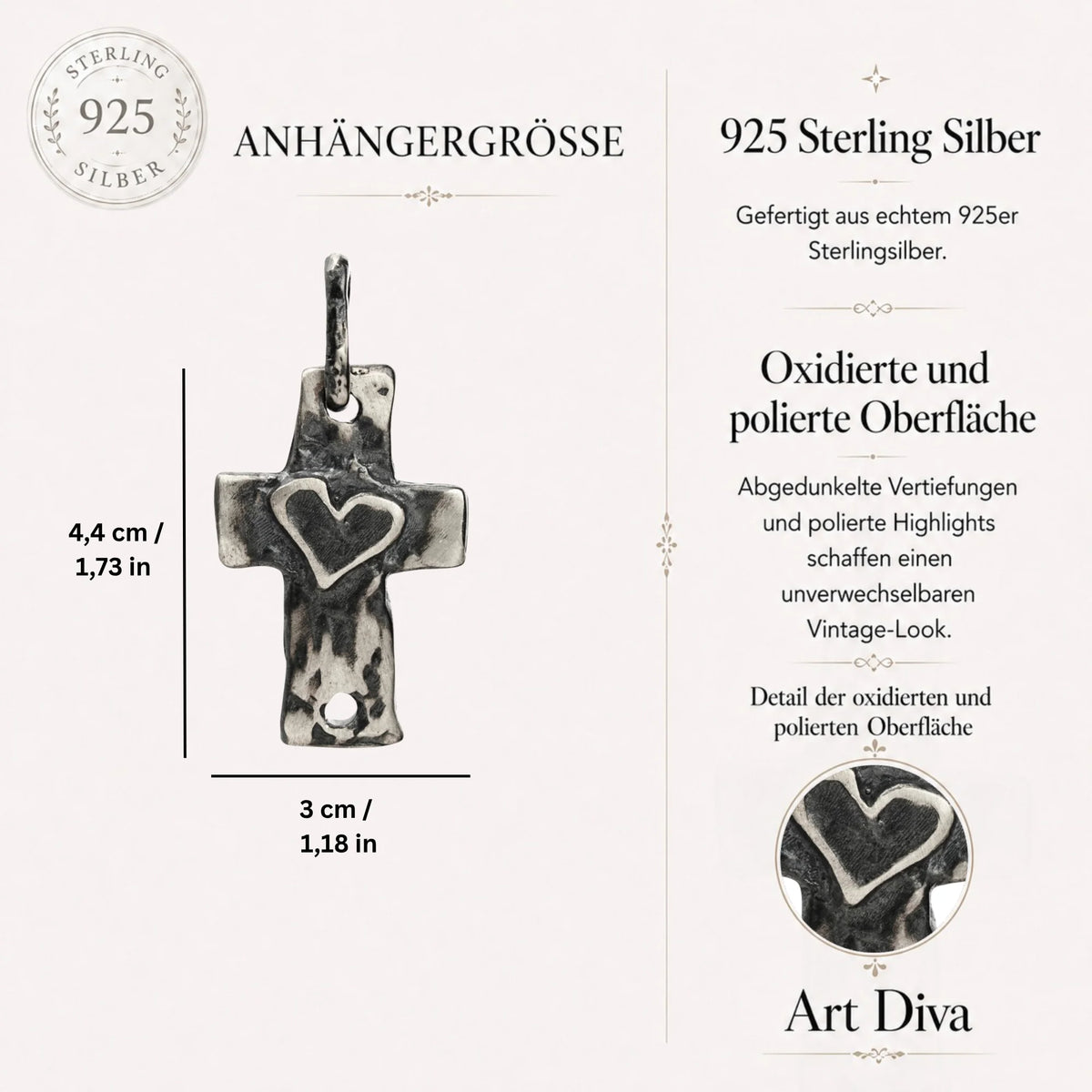 925er Silberanhänger „Kreuz mit Herz“ – handgefertigter Boho-Talisman für Glaube und Liebe, skulpturales Schmuckstück und Geschenk für Mutter, Tochter oder Freundin | Art Diva