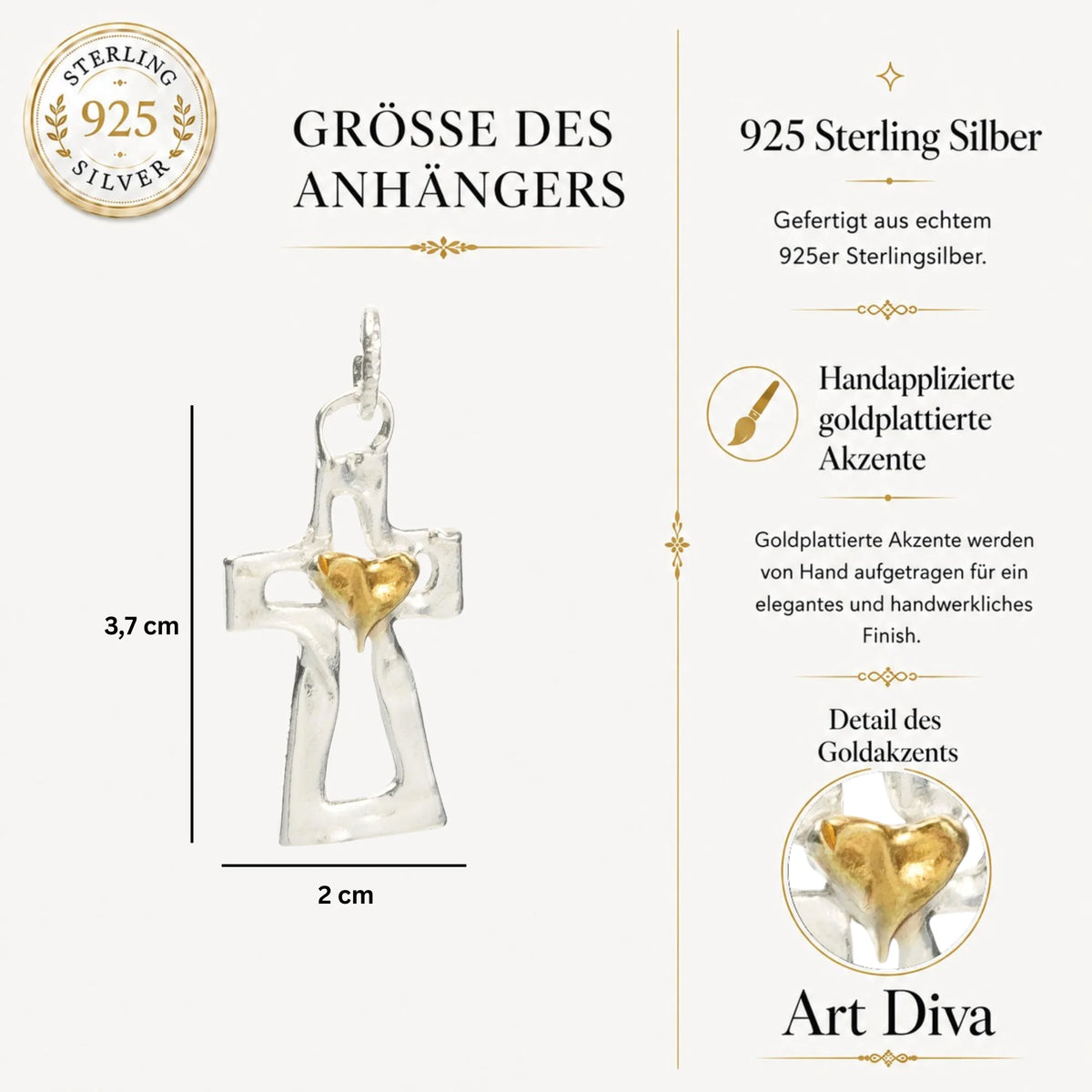 Kreuz-Anhänger mit Herz aus 925er Silber und goldfarbenen Akzenten – Skulpturenschmuck als Symbol für Glauben und Liebe | Art Diva