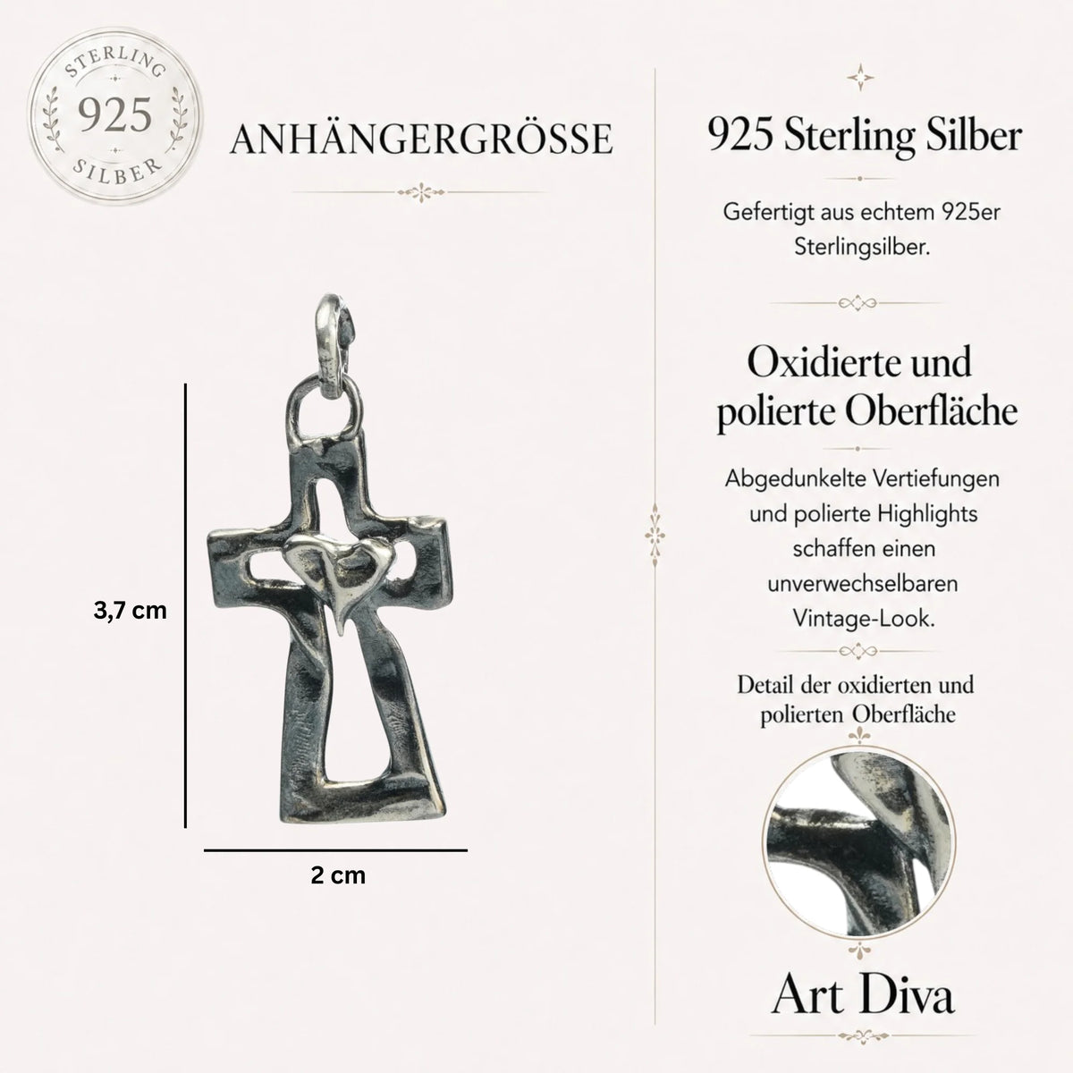 Kreuz-Anhänger mit Herz aus 925er Silber – oxidierter Skulpturenschmuck als Symbol für Glauben und Liebe | Art Diva