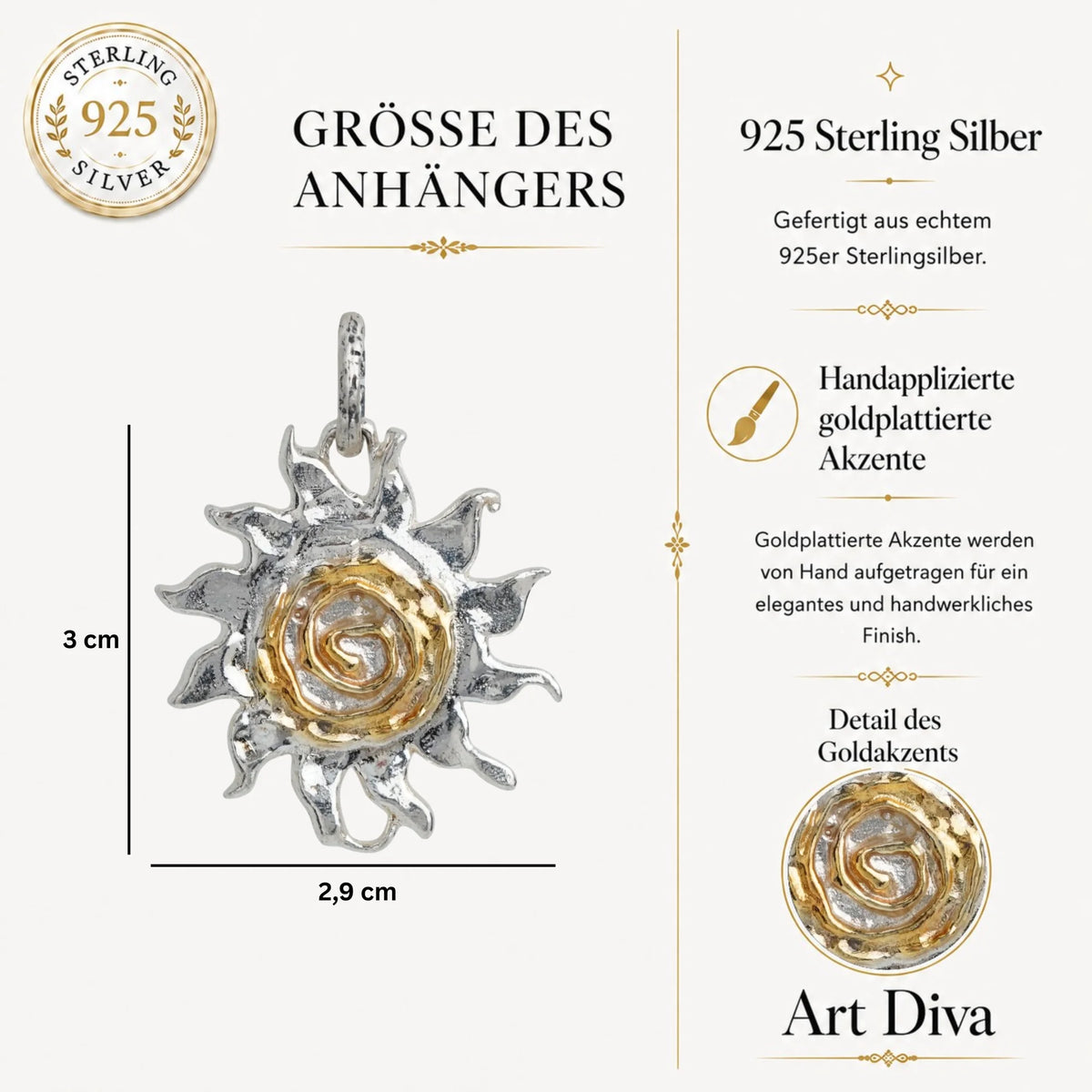 „Sonnenspirale“-Anhänger aus 925er Silber – Talisman für Energie, Licht und innere Stärke, handgefertigter Skulpturenschmuck im Boho- und rustikalen Stil, geeignet für Kette oder Armband | Art Diva