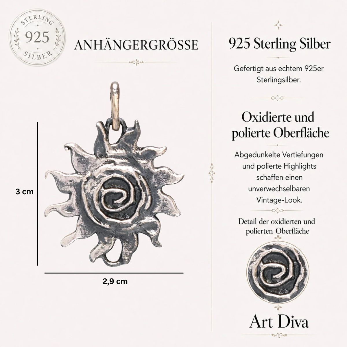 „Sonne des Lebens“-Schmuckelement aus 925er Silber – handgefertigt für Armband oder Halskette | Art Diva